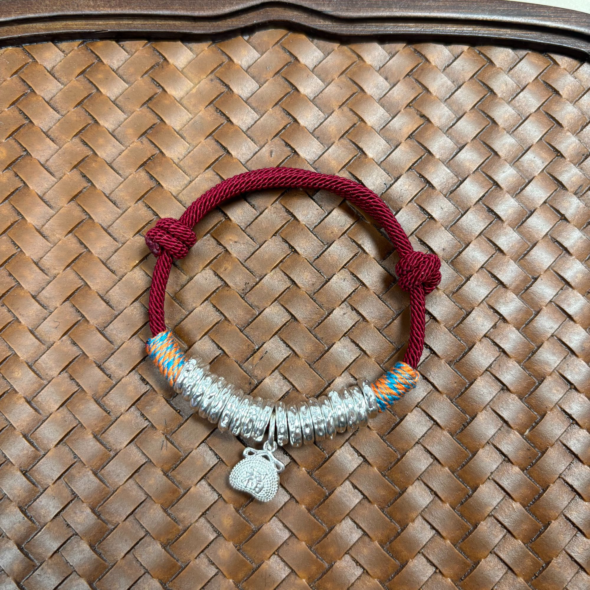 足银手链 新款红绳小胖福 本命年手绳手工编绳可爱情侣可调节红色