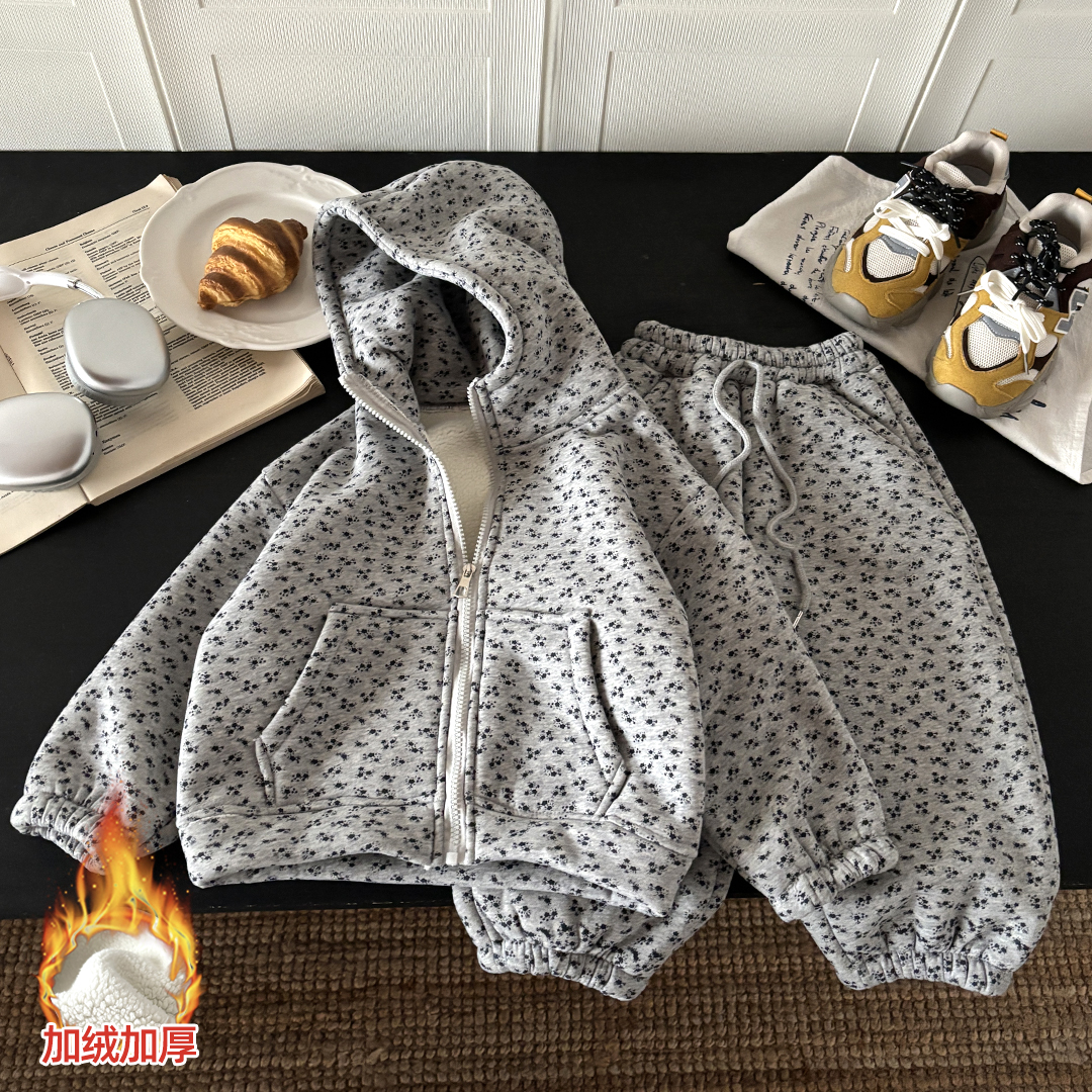 【加绒加厚】儿童冬季棉质保暖韩版连帽外套男女童碎花套装中大童
