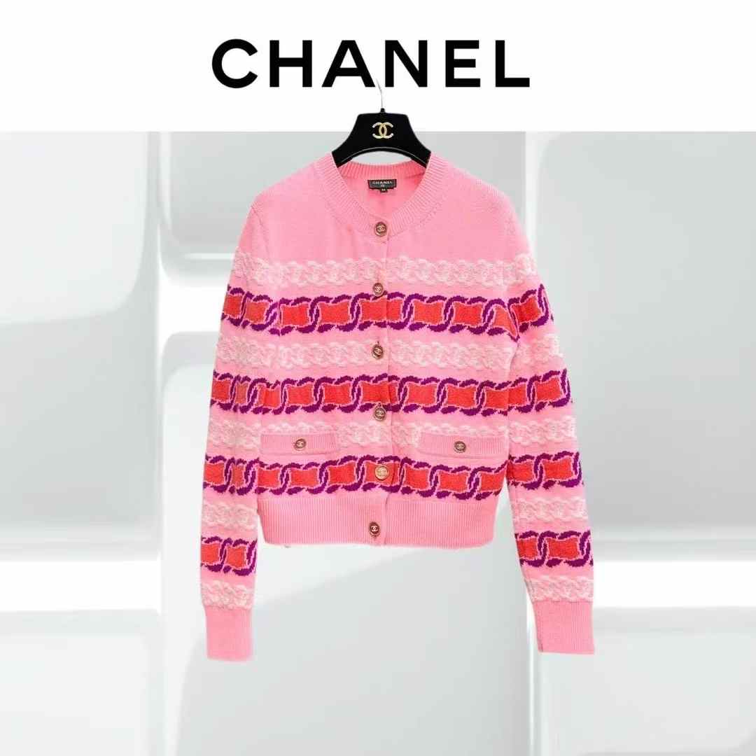 99新 Chanel/香奈儿 34码23B粉色混色条纹针织开衫