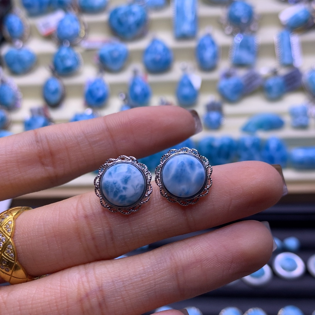 针钠钙石（海纹石）银S925镶嵌耳饰蛋面耳钉色差略异