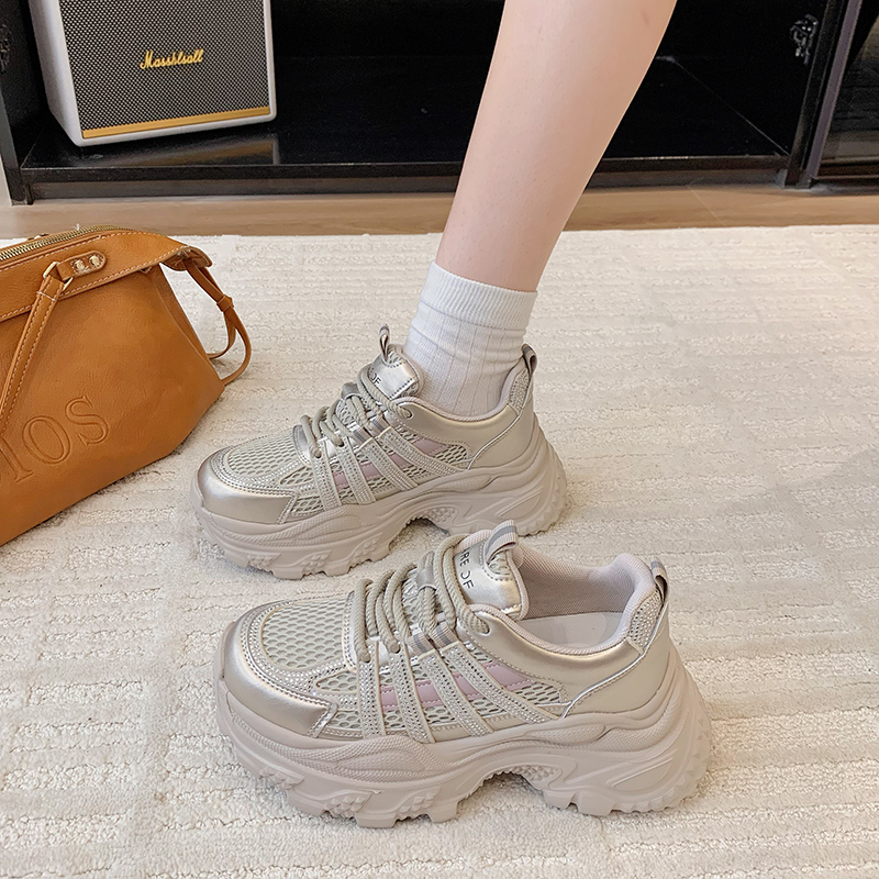 真皮网面百搭老爹鞋女2025秋季新款小个子厚底休鞋水钻网面运动鞋