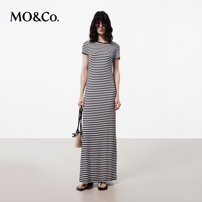 【诗语专属】MOCO夏海魂风蓝白条纹短袖圆领开叉连衣裙MBD2DRS013