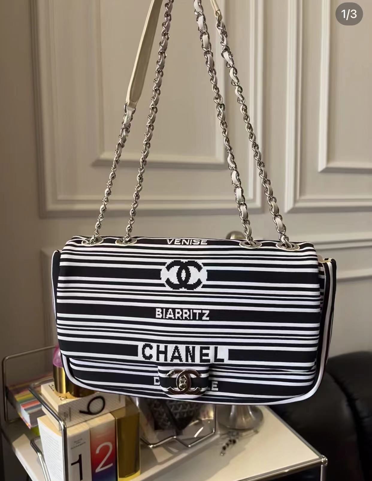95新 Chanel/香奈儿 代卖服务！黑白tia条纹cf包 18488927