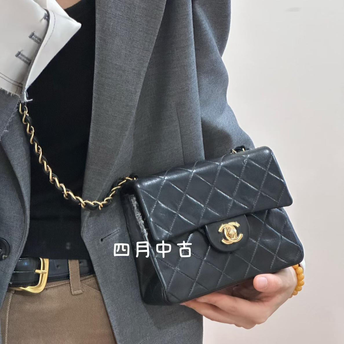 95新 Chanel/香奈儿 黑金中古羊皮方胖包 有标无卡