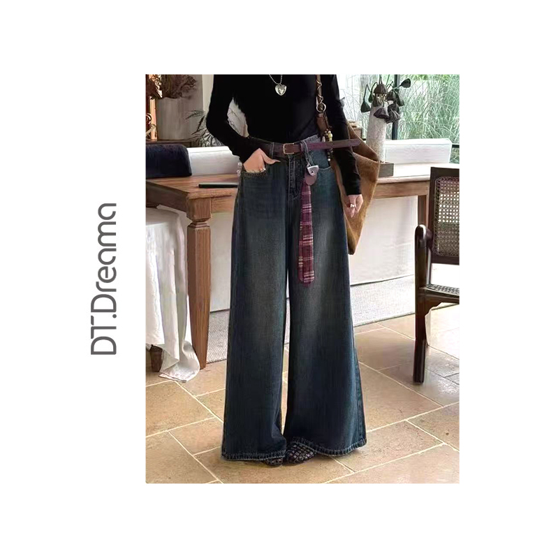 复古休闲显瘦高腰阔腿牛仔裤阔腿裤女秋季宽松显瘦弹力直筒长裤