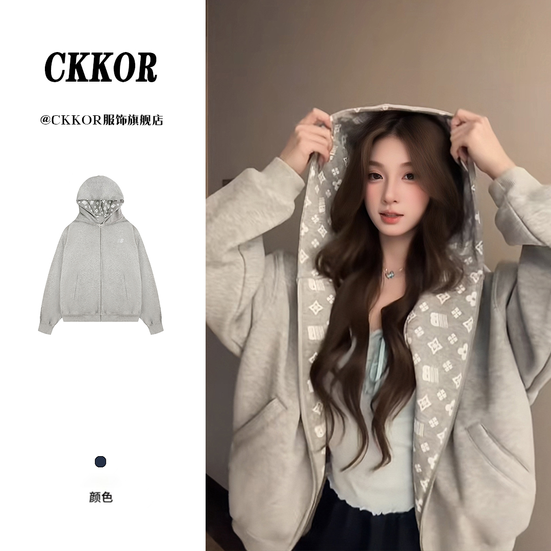CKKOR春秋新款刺绣开衫连帽卫衣外套美式ins潮牌设计感情侣装帽衫