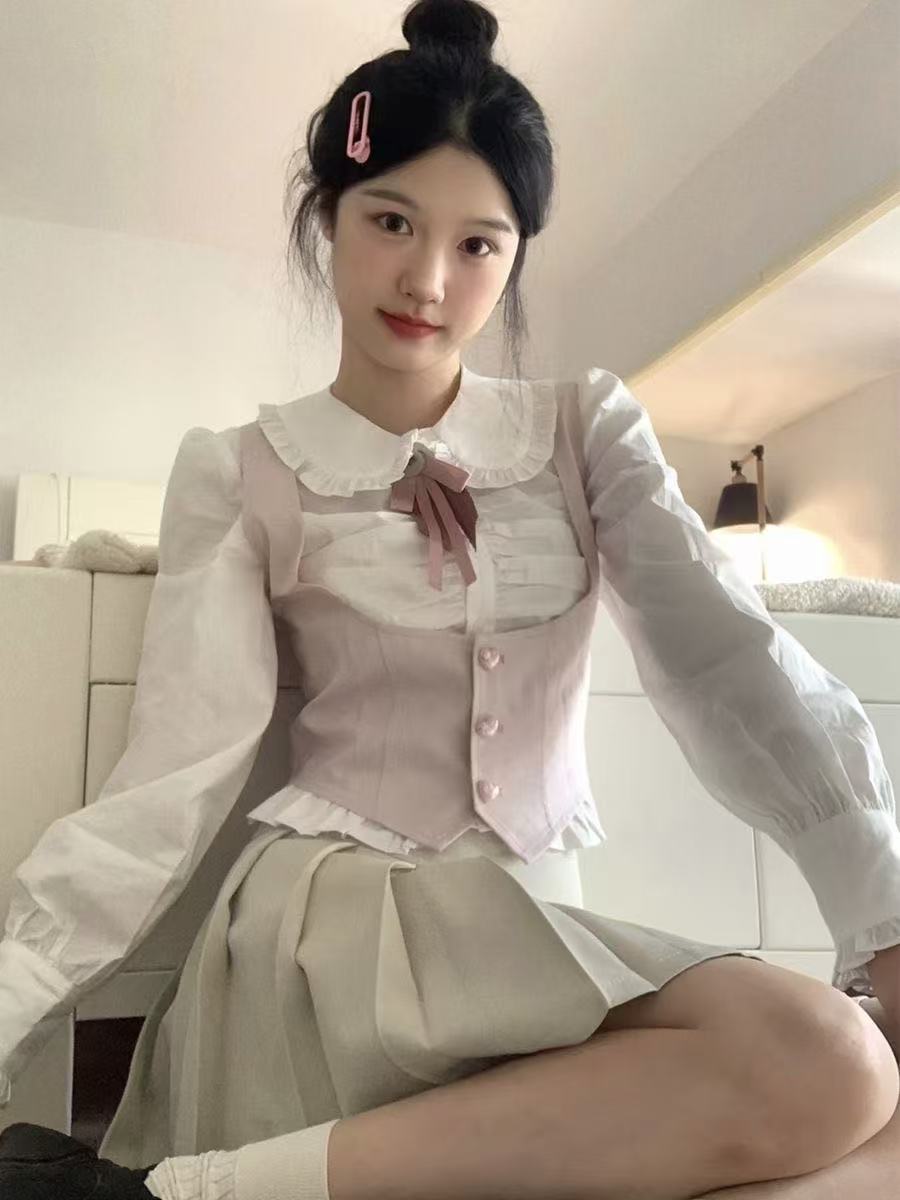 套装女2023秋季新款甜美风蝴蝶结长袖衬衫粉色马甲阴阳师联名裙子