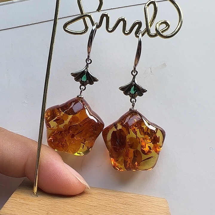 琥珀（花珀）银S925镶嵌耳饰