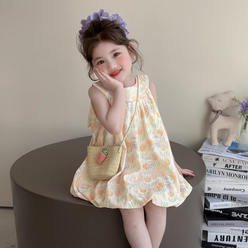女童连衣裙夏季新款2025女宝宝甜美满印郁金香可爱兔花苞裙背心裙