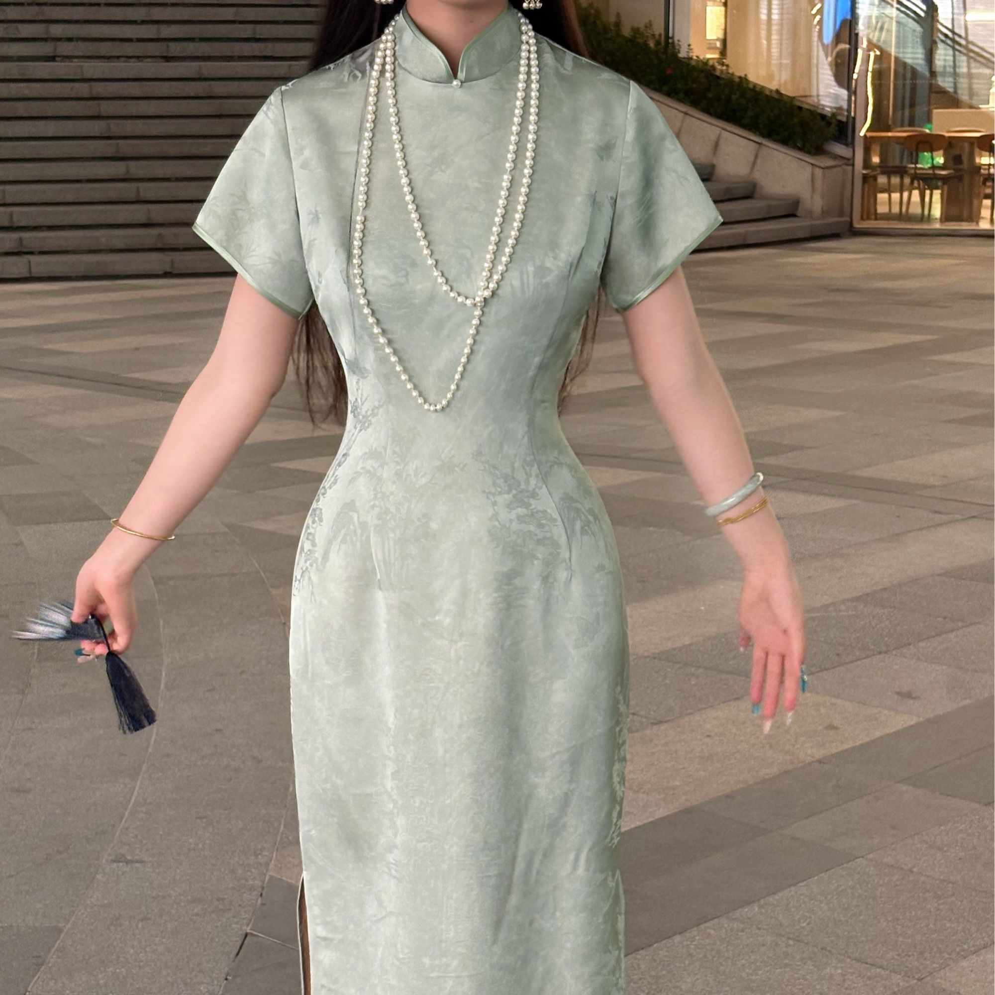 LHMknk1画报夫人原创自制显瘦司藤新中式旗袍流苏 珠帘玉翠