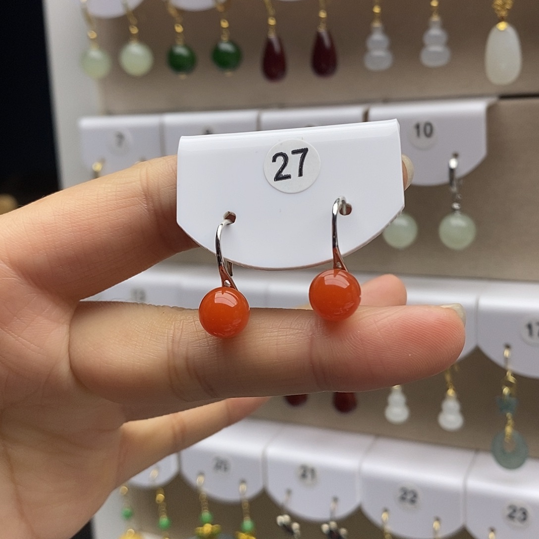 南红玛瑙银S925镶嵌耳饰