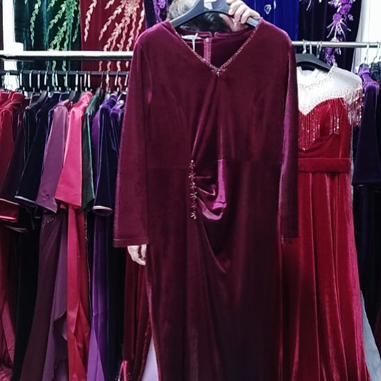 紫红色金丝绒手工穿珠前开叉礼服裙2XL125斤以内3XL135斤以内