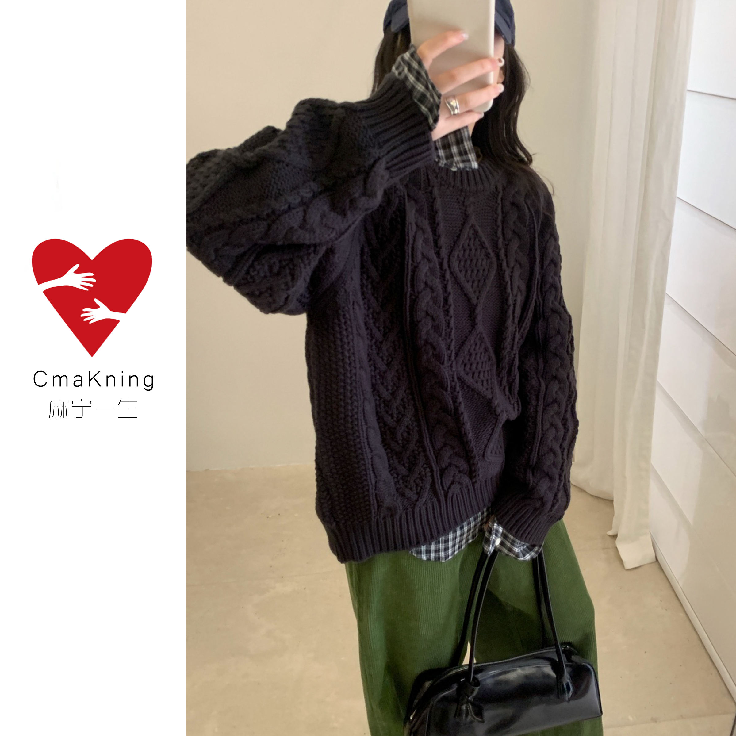 麻宁一生CmaKning【港枫】冬季加厚复古绞花圆领宽松减龄套头上衣女