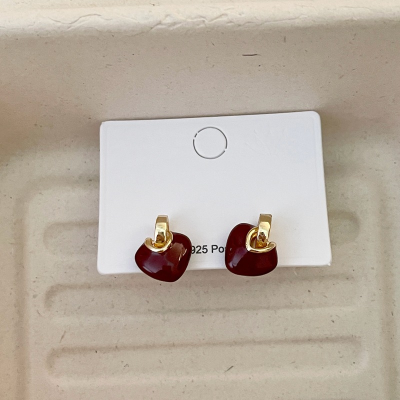 合金亚克力耳饰 红色系法拉爱心时尚百搭爱心耳钉