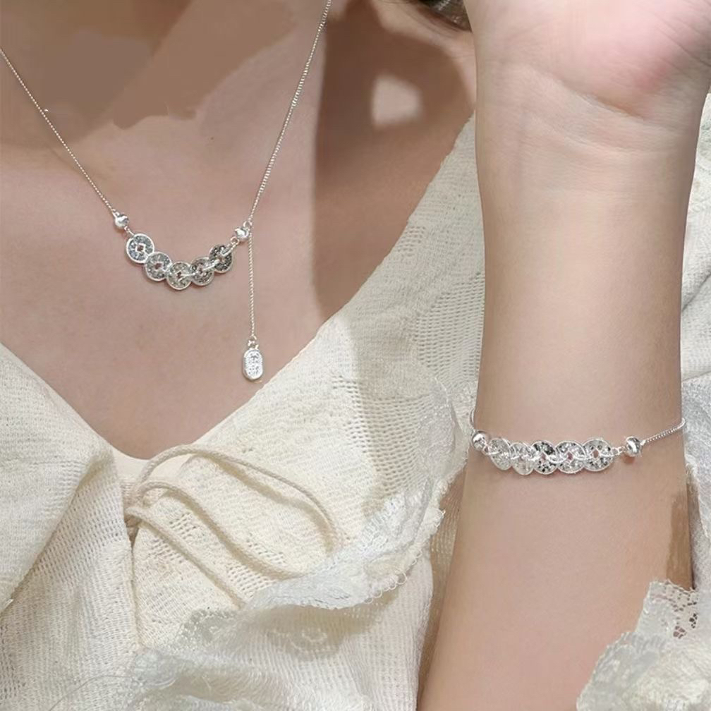 链子足银 【银喜生】足银纯银银色百搭小众五帝钱项链轻奢吊坠手链