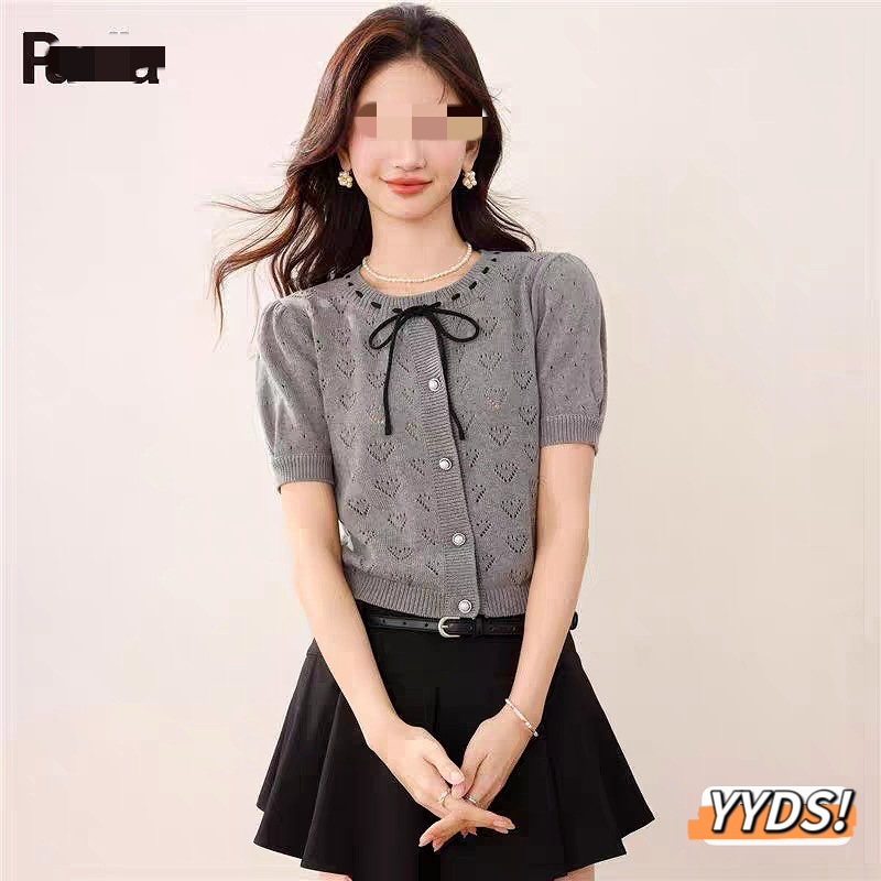 正肩蝴蝶结系带冰丝针织短袖T恤女夏季修身独特别致短款上衣M5050