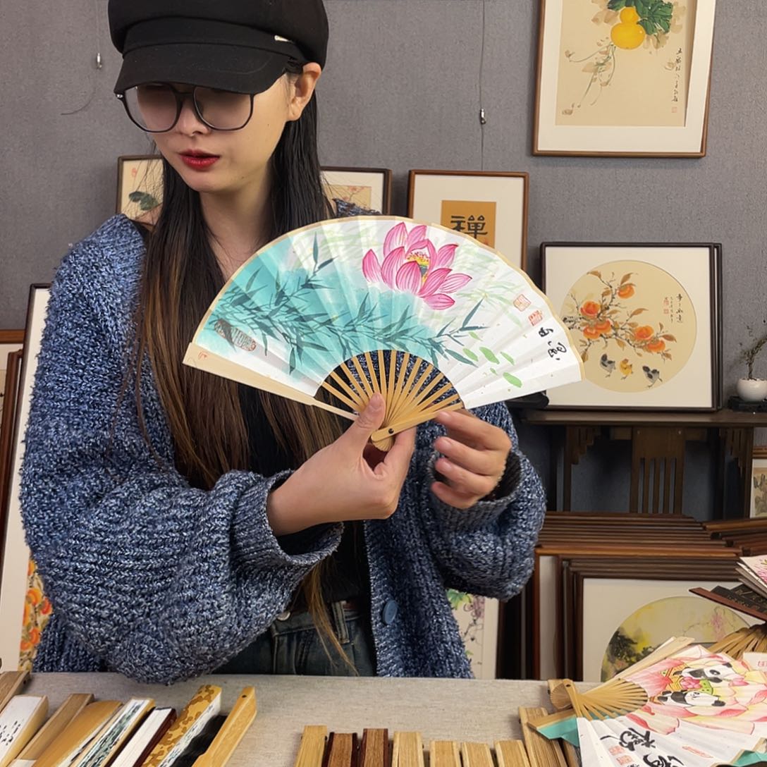 国画6寸玉竹-纯手绘-文玩扇骨（默认粘好）