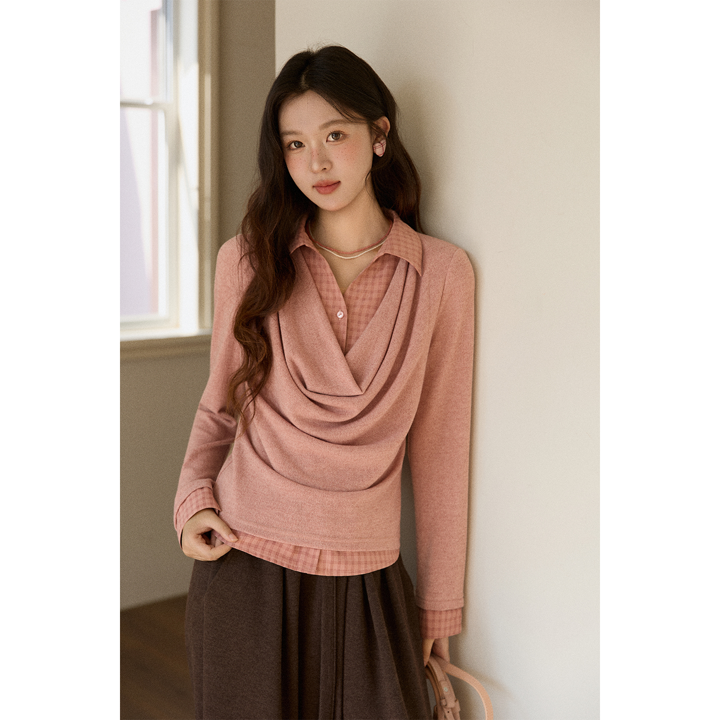 【艾美专属】谜秀假两件荡领针织打底衫上衣格纹拼接复古MXE87Z2747