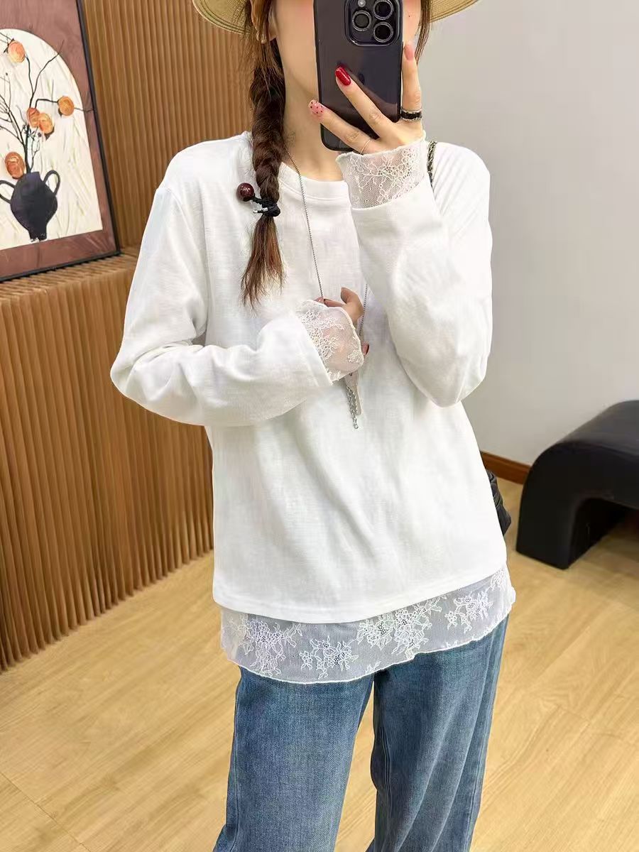 [DARUI]蕾丝拼接磨毛大版T恤女2025冬装新款女装休闲打底衫6174