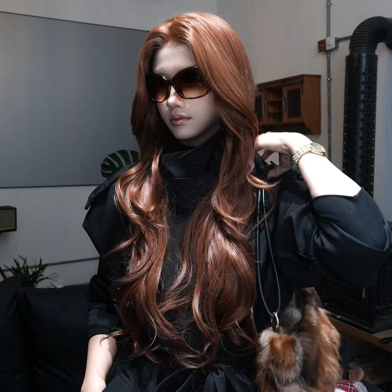 【焦糖橘大波浪】大面积蕾丝手工钩织假发  进口混丝假发