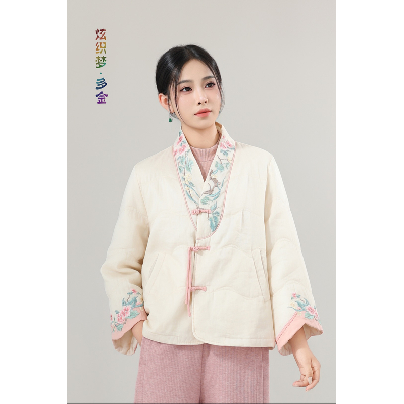 8873炫织梦多金2025年冬刺绣V领短款喇叭袖棉服棉衣复古麻棉加厚