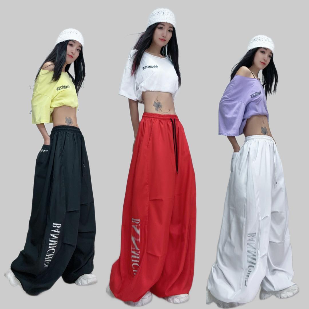 时超康SHI.CHAO.KANG.潮牌长裤字母印花彩云斜阔腿裤2577款