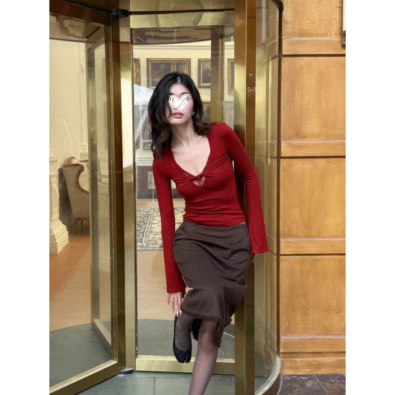 辣妹性感上衣内搭可外穿v领T恤长袖修身打底衫女秋冬季新款F02098