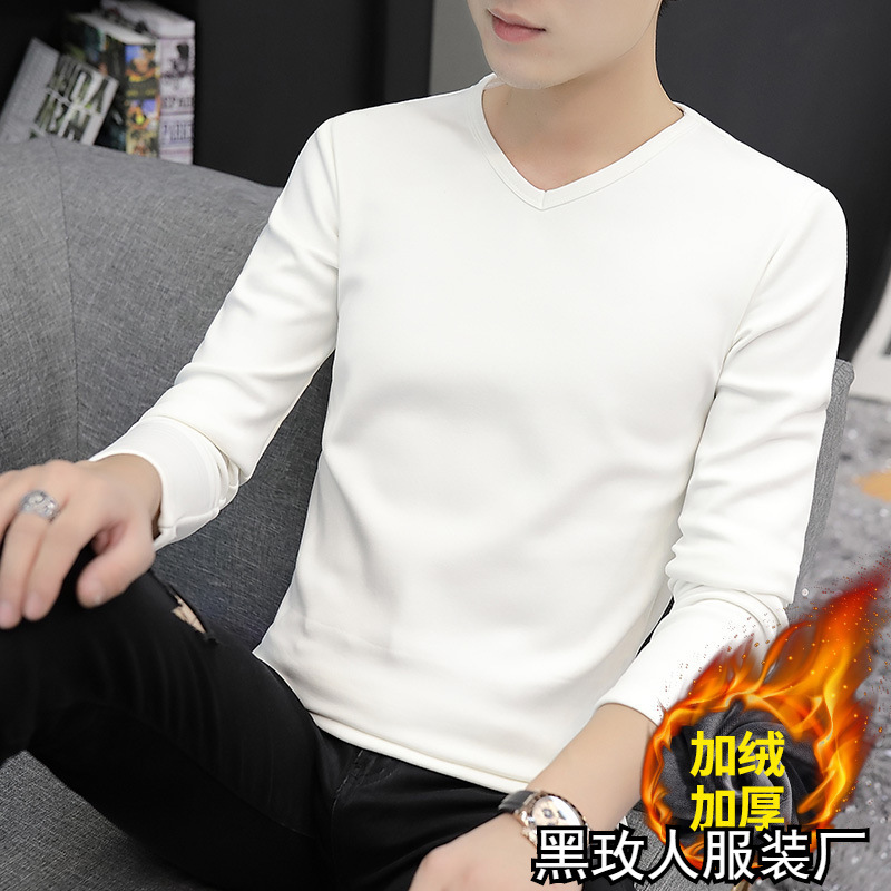 男士v领打底衫秋冬季加绒加厚长袖T恤纯色修身保暖内搭一体绒秋衣