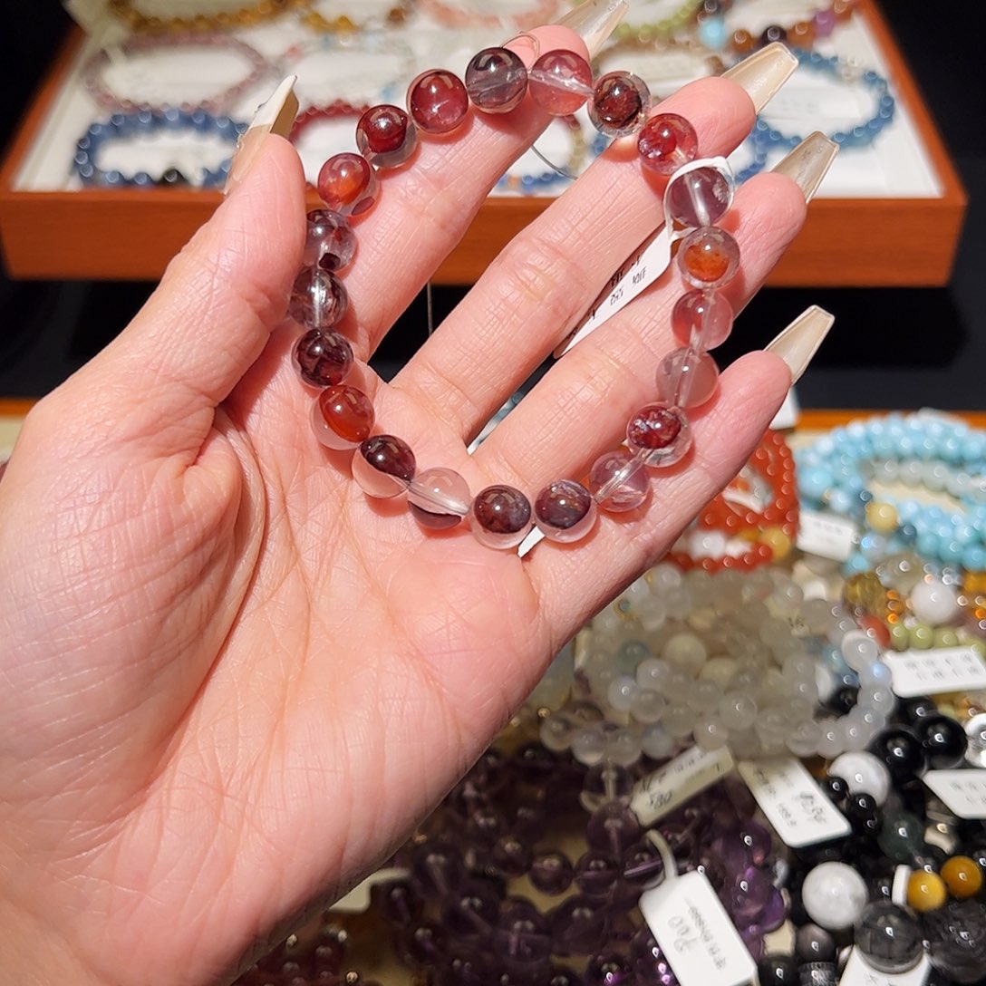 烟晶手链银S925镶嵌红椒花0402