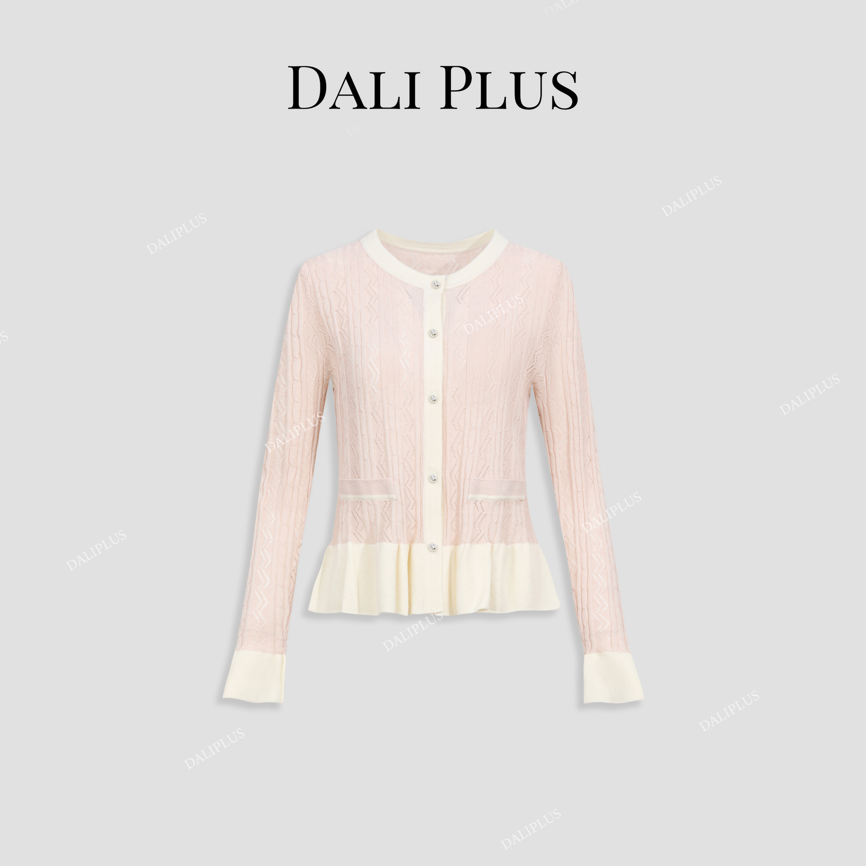 DALI PLUS重工精美羊.毛荷叶边下摆薄款撞色小香针织衫-D4XX0098