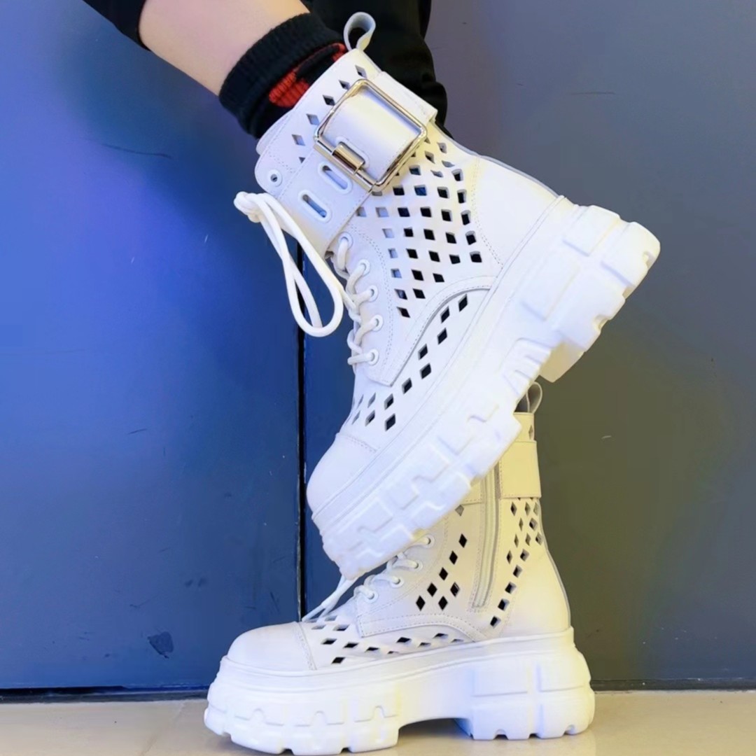 YUANHE/原赫  春夏头层牛皮厚底镂空【白】凉靴（圆头短靴百搭）