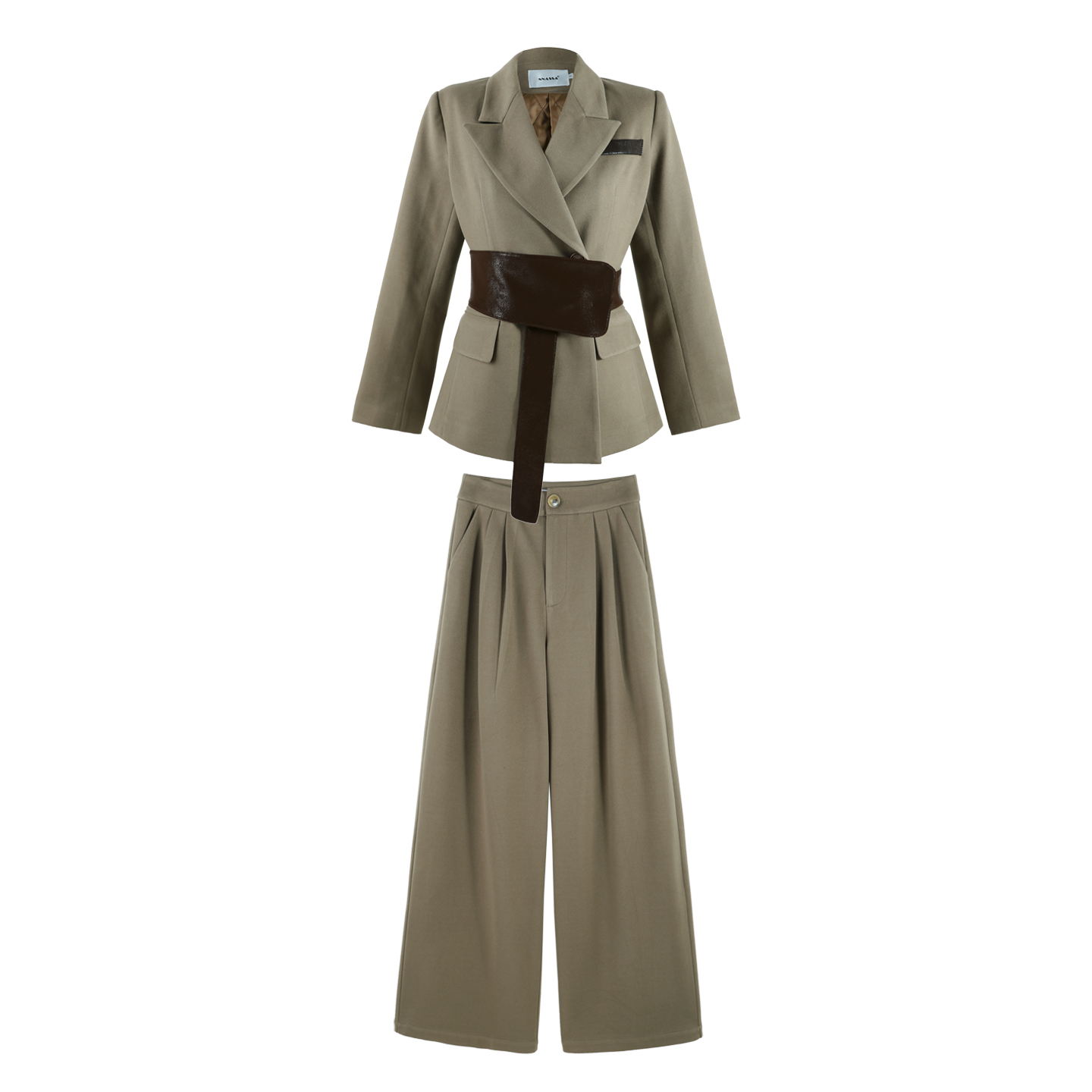 2025冬季新款复古撞色皮质腰封西装阔腿裤两件套套装HBZX710160