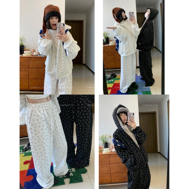 脸脸憨 韩风百搭秋冬加绒运动休闲笑脸套装