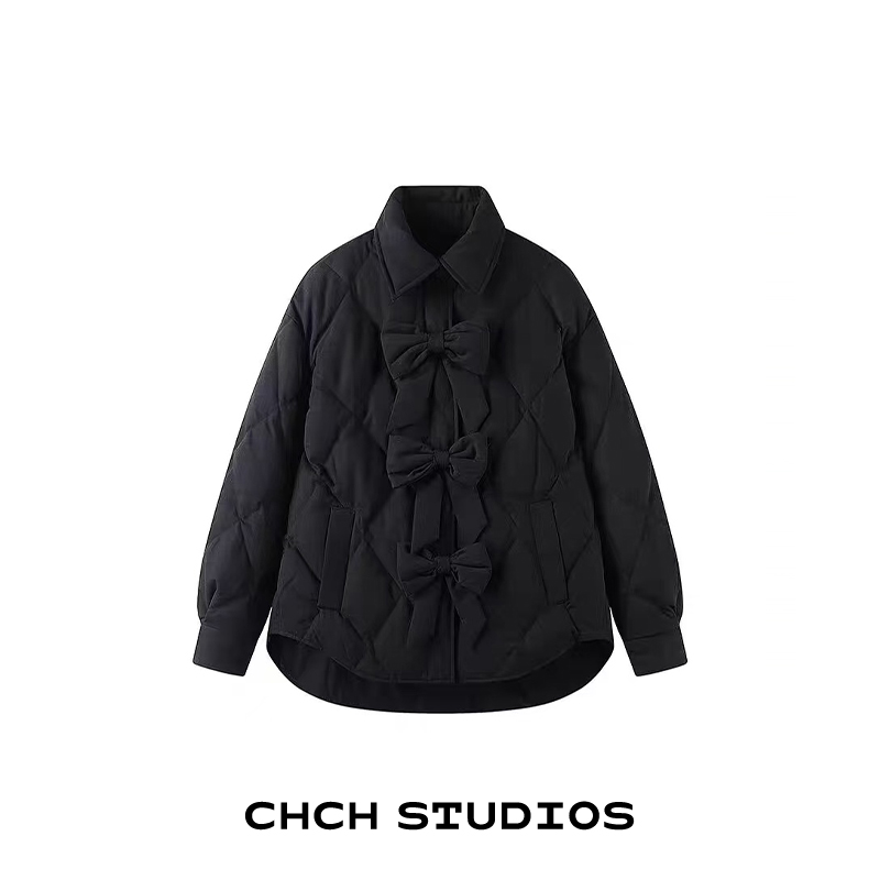 RAQWT11333时尚翻领蝴蝶结棉服外套女2025年秋冬新款厚款上衣