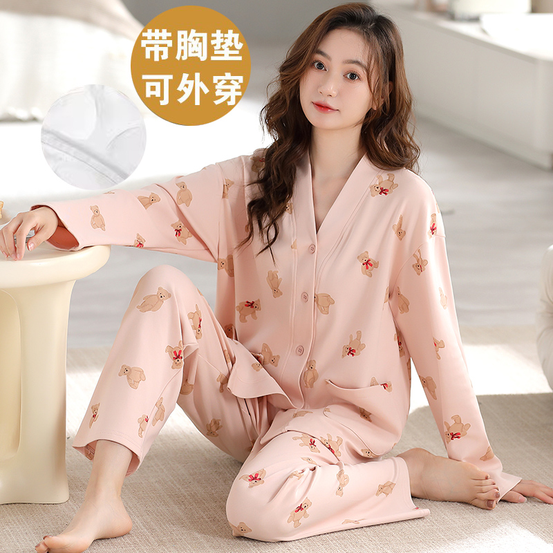 睡衣春秋季女士和服2025秋季新款可外穿带胸垫卡通少女家居服套装