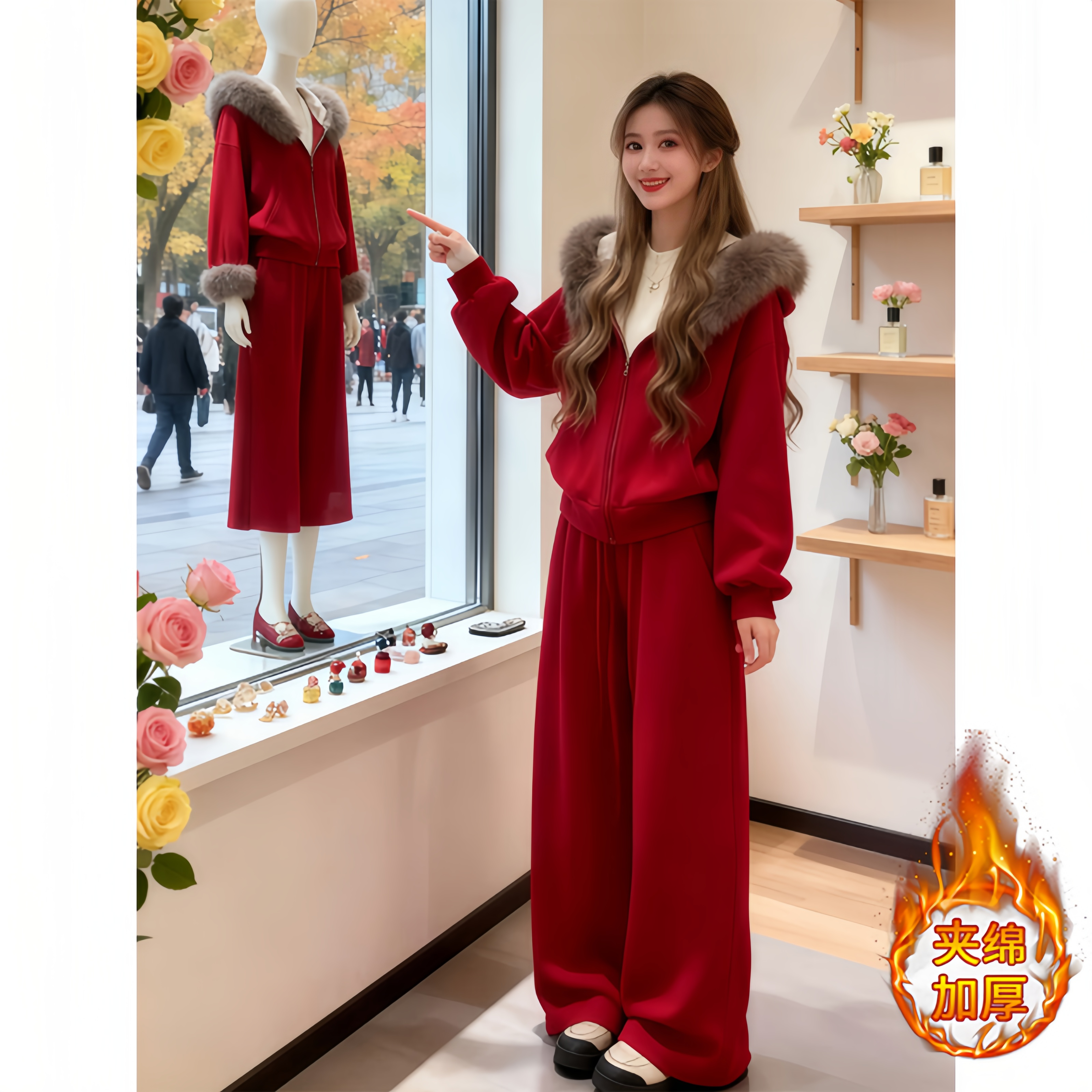 SHALLDOER【塞纳玫瑰园】红色时尚套装女秋冬欧货加绒毛领上衣两件