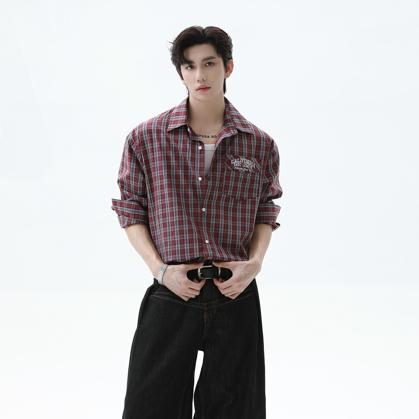 TURNTIDE 老钱风拼色格子长袖衬衫口袋印花设计男秋通勤质感外套