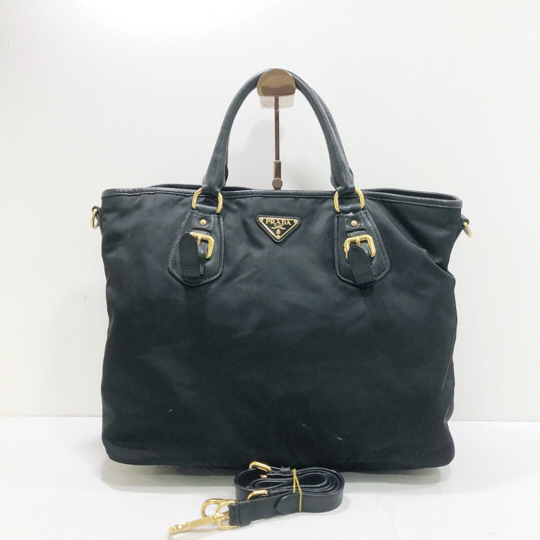 95新 Prada/普拉达 普拉达黑色降落伞材质拼皮手提单肩斜挎包