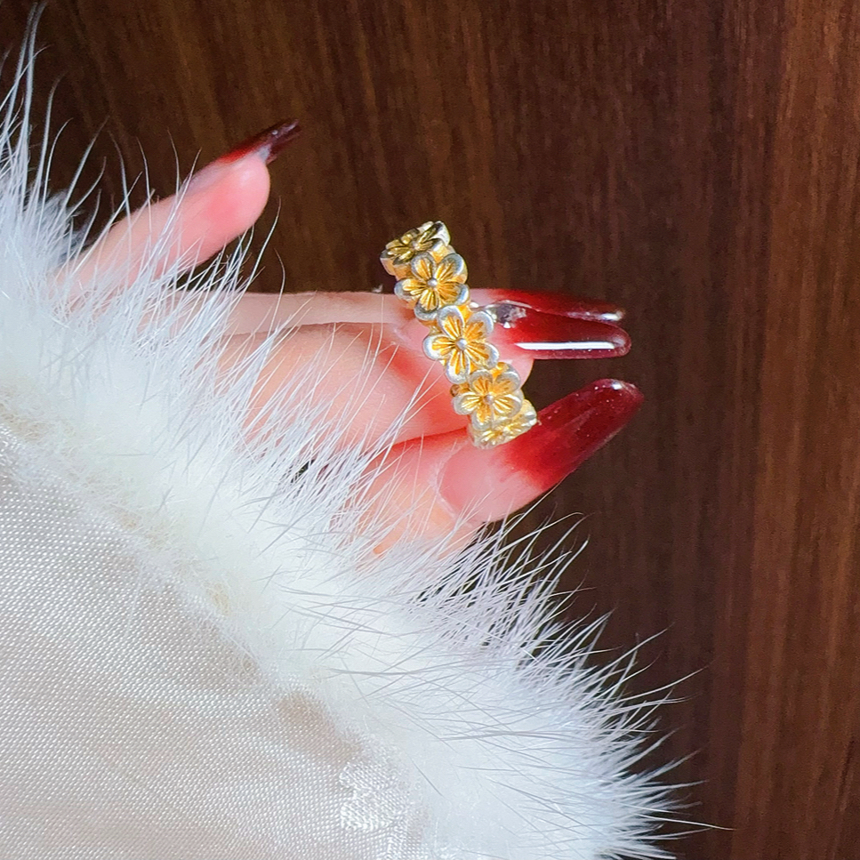 足银戒指 情侣轻奢足银开口樱花描金戒指复古饰品指环时尚可调节