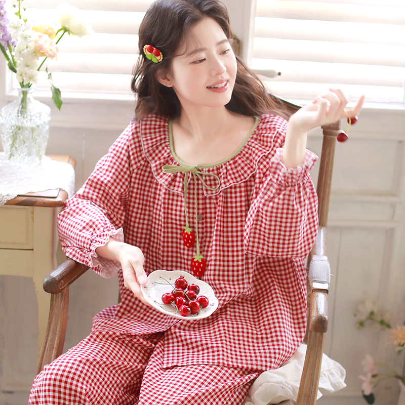 『格子草莓』富朵纱布月子服春夏薄款产后纯棉喂奶衣孕妇睡衣套装