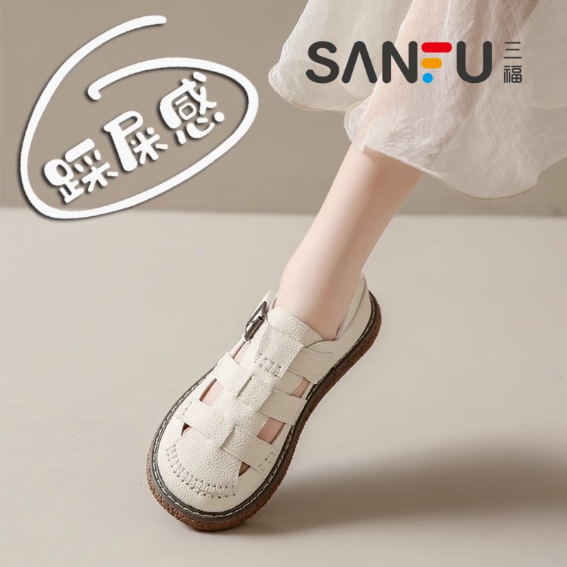 三福踩屎感复古包头凉鞋女2025夏孕妇平底镂空透气单鞋软底罗马鞋