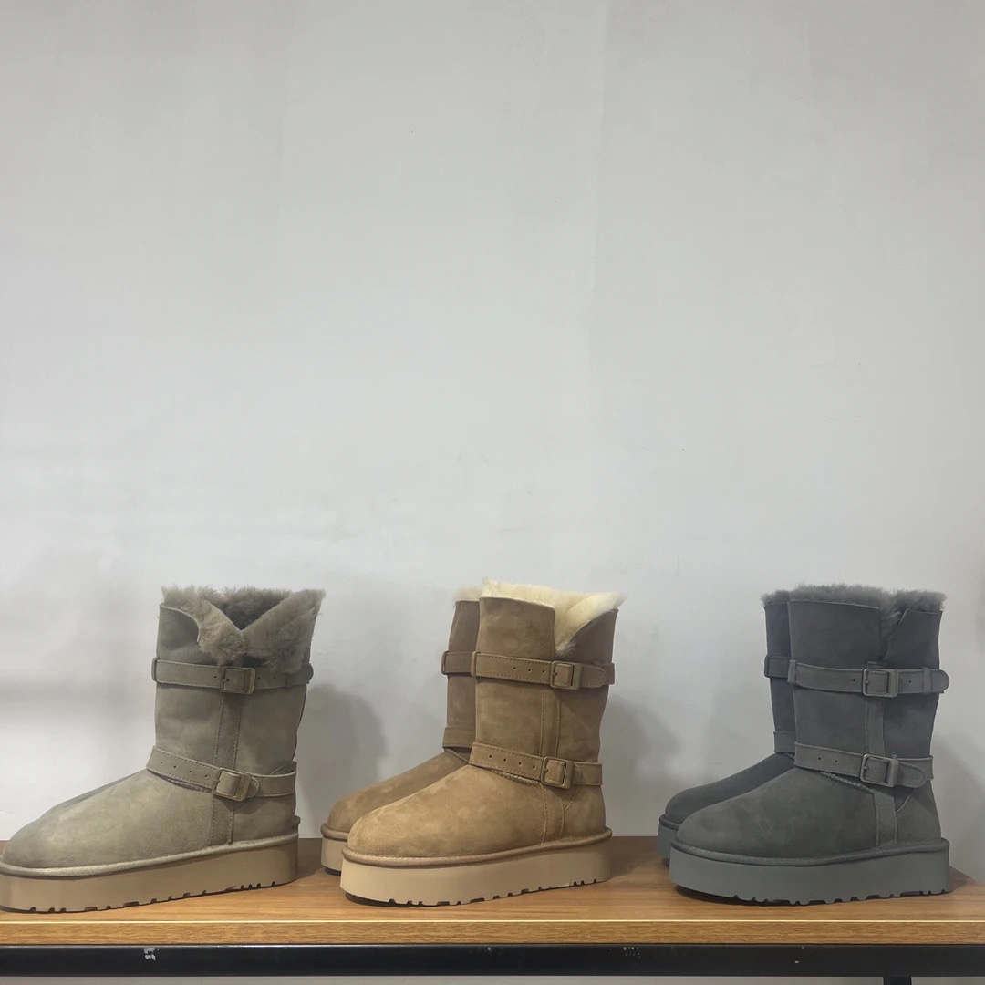 河南桑坡发货真皮真毛厚底中筒骑士女士雪地靴羊皮毛一体超级保暖