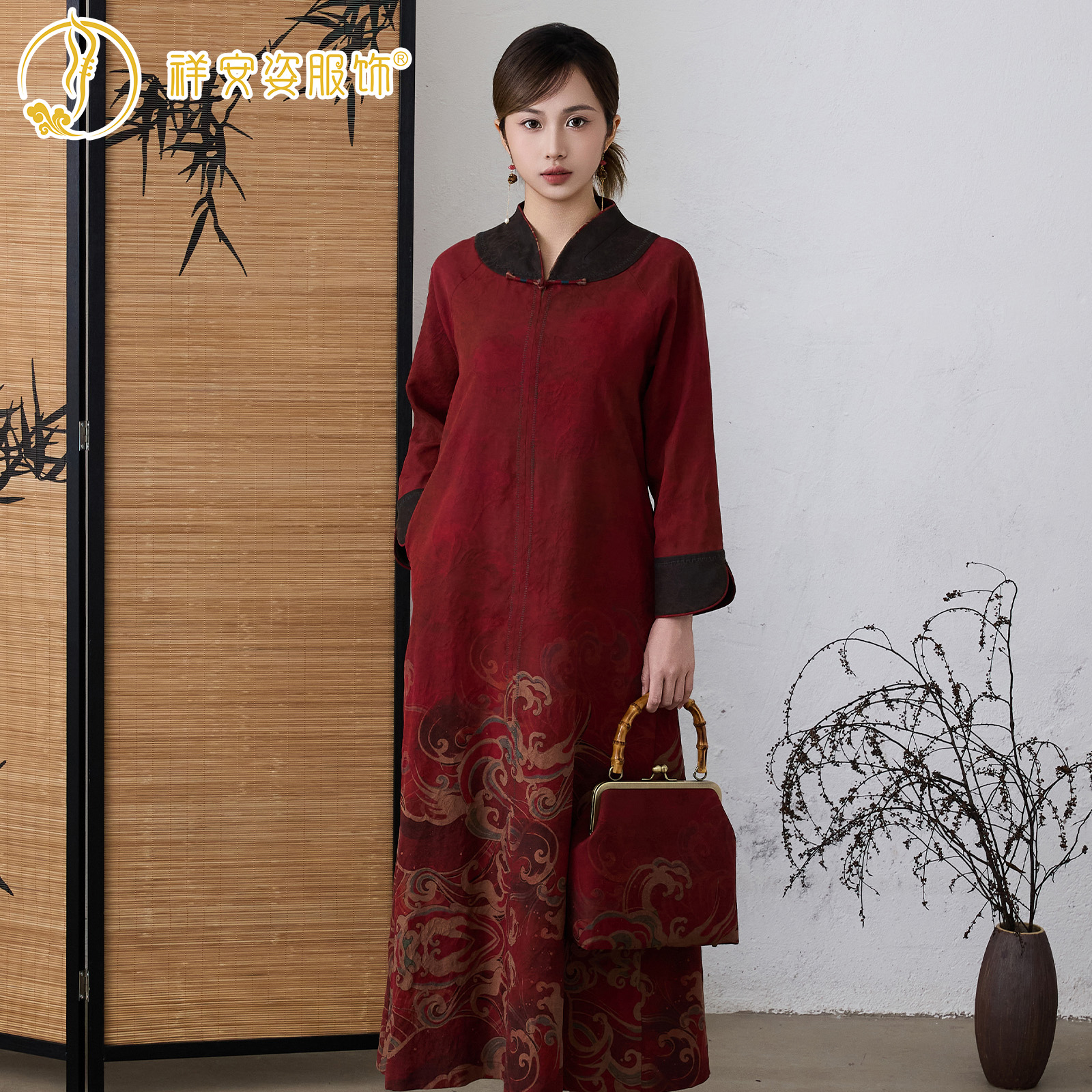 [雅颂]香云纱元宝领马蹄袖喜婆婆喜妈妈古韵优雅ins连衣裙G430128