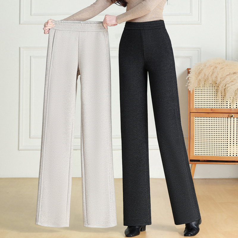 醋酸羊毛裤小个子窄版阔腿裤大码高腰中老年妈妈直筒裤人字纹加绒