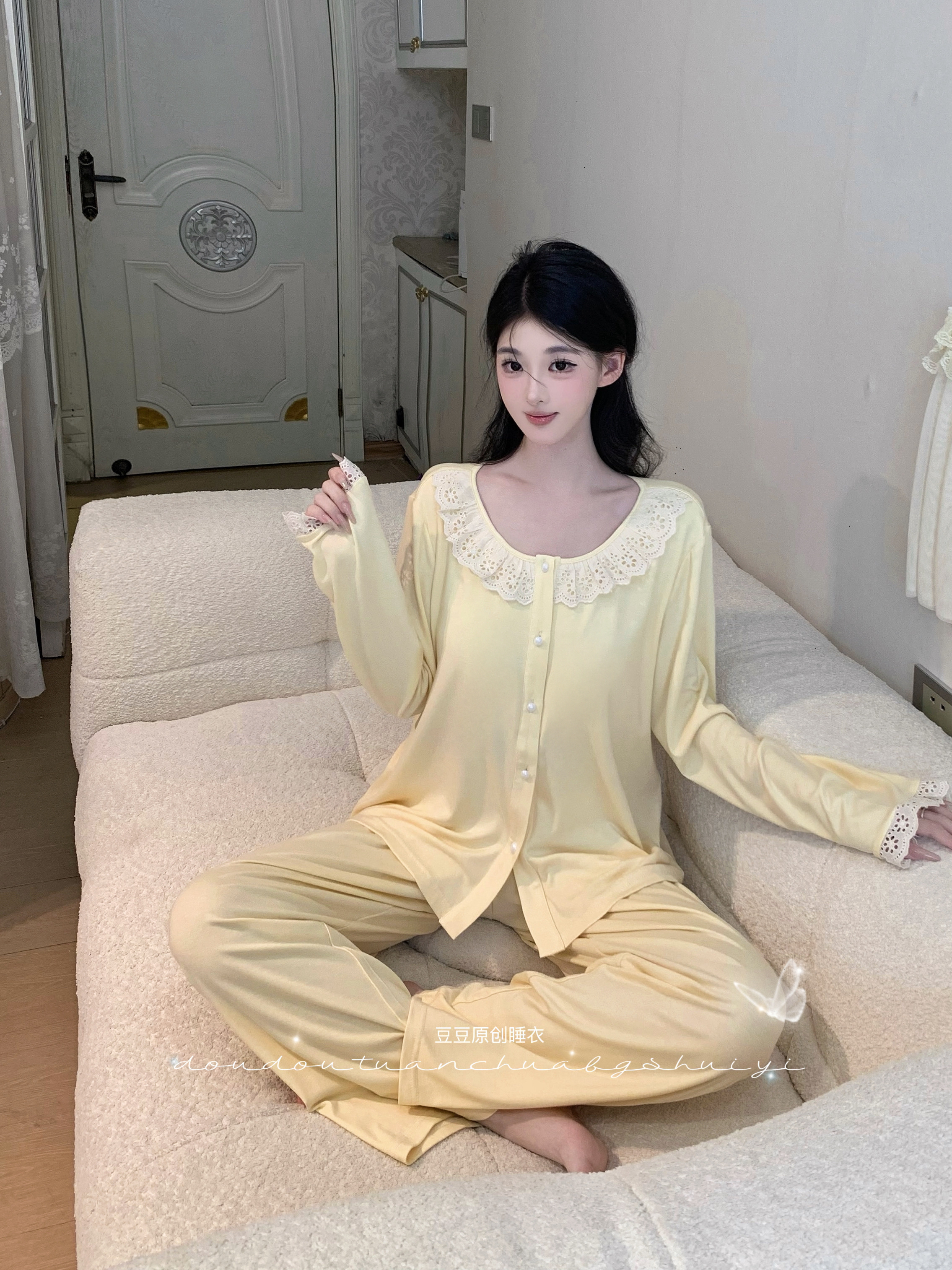 PP【芝芝奶黄】蕾丝长袖三件套显白显瘦显瘦春秋家居服睡衣女