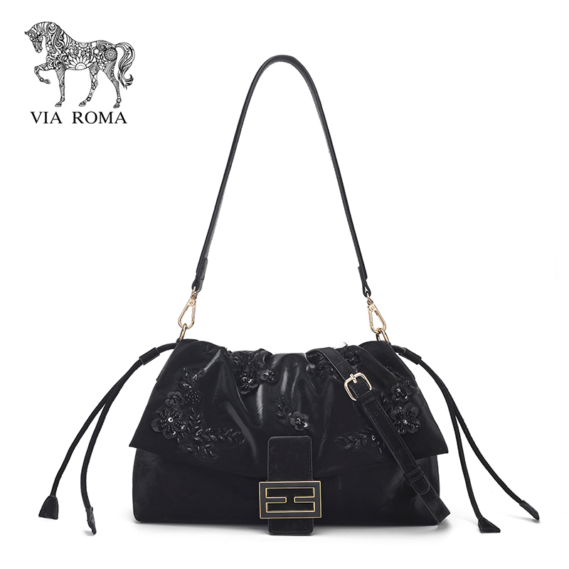 罗马路手工珠花云朵包气质黑抽绳手提包高级感时尚单肩斜挎包