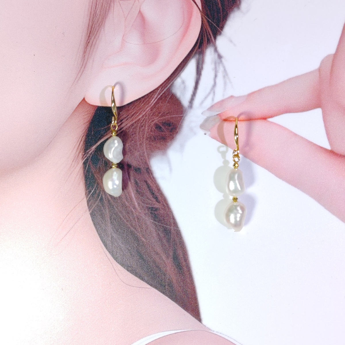 玉海珠宝A15丨淡水珍珠手工耳环双珠巴洛克时尚法式简约小众饰品