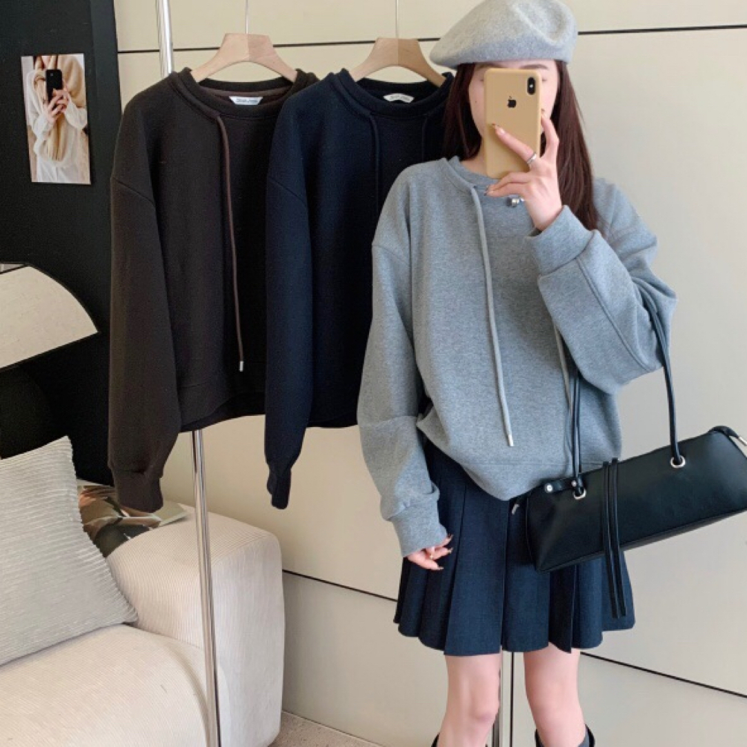 韩版宽松加绒卫衣女秋冬季慵懒风百搭显瘦抽绳长袖休闲上衣