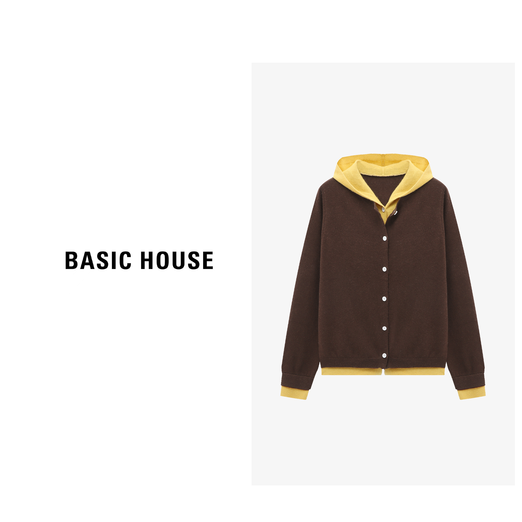 Basic House/百家好秋季连帽撞色宽松休闲羊毛衫外套-B0625H5G032