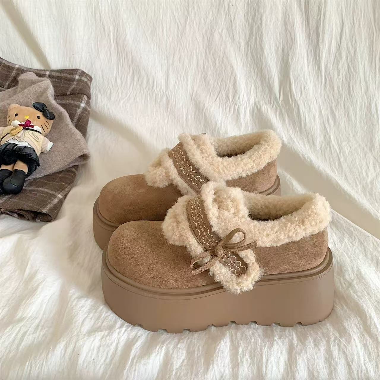 【歪歪】复古增高厚底加绒勃肯鞋女2025新款冬季加厚保暖毛毛棉鞋